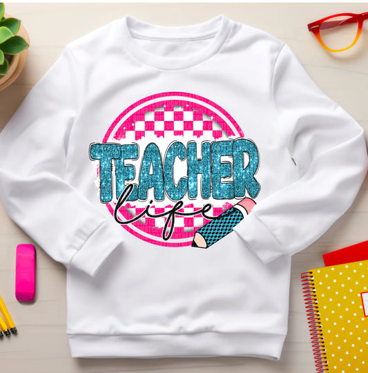 Teacher Life Blue Faux Sequin Pink Checkered