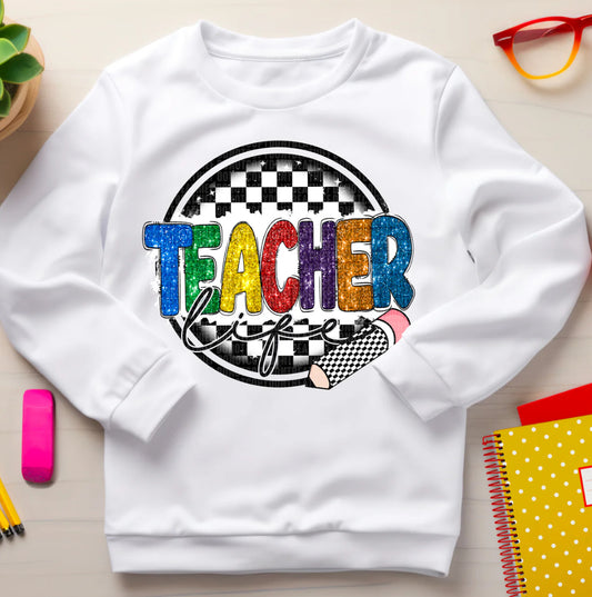 Teacher Life Rainbow Faux Sequin Blk Checkered