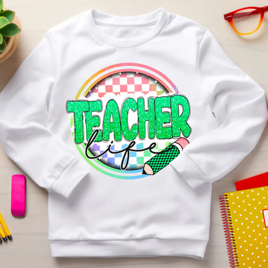 Teacher Life Green Faux Sequin Rainbow Checkered