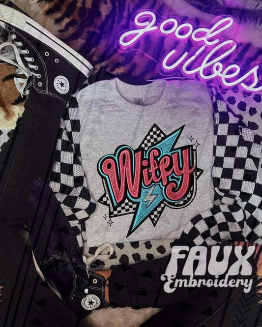 Wifey Checkered Faux Embroidery